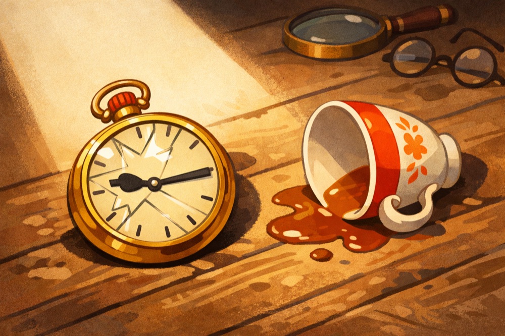 A smashed gold pocket watch stopped at a quarter past nine, beside a spilled cup of tea.