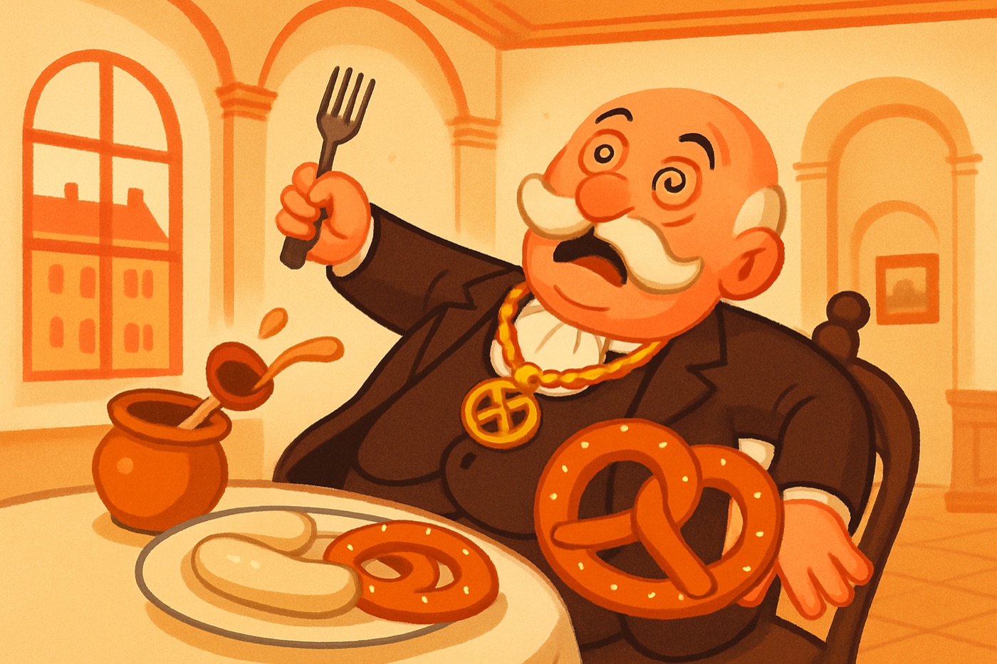 Baron Brezel's breakfast table: Weißwurst, a pretzel and sweet mustard.