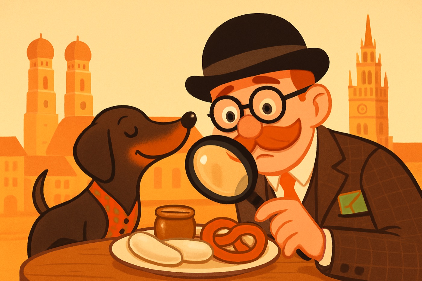 Detective Quill and his dachshund Würstl inspect a poisoned breakfast in front of Munich's Frauenkirche.